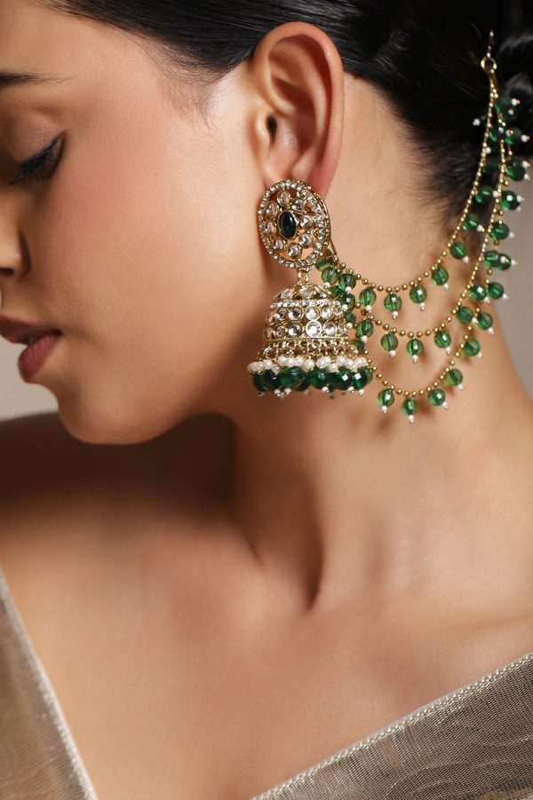 Rubans 18K Gold-Plated Kundan Studded & Pearls Beaded Dome Shaped Jhumkas With Ear Chain