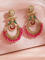 Rubans 22K Gold-Plated Artificial Stones Studded And Beaded Crescent Shaped Drop Earrings - Image 2