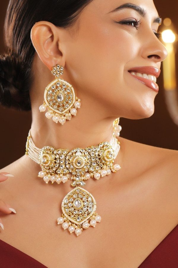 Rubans 22K Gold-Plated Kundan-Studded & Beaded Jewellery Set