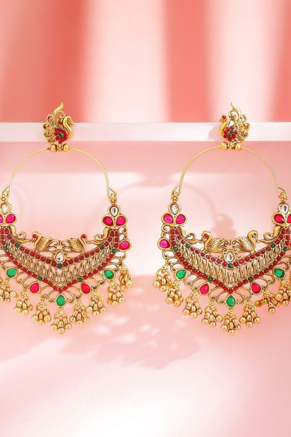 Rubans 22K Gold-Plated Stones Studded & Ghungroo Beaded Peacock Shaped Drop Earrings