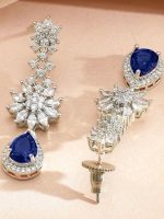 Rubans Rhodium-Plated Cubic Zirconia & Blue AD Stone Studded Drop Necklace Set - Image 4