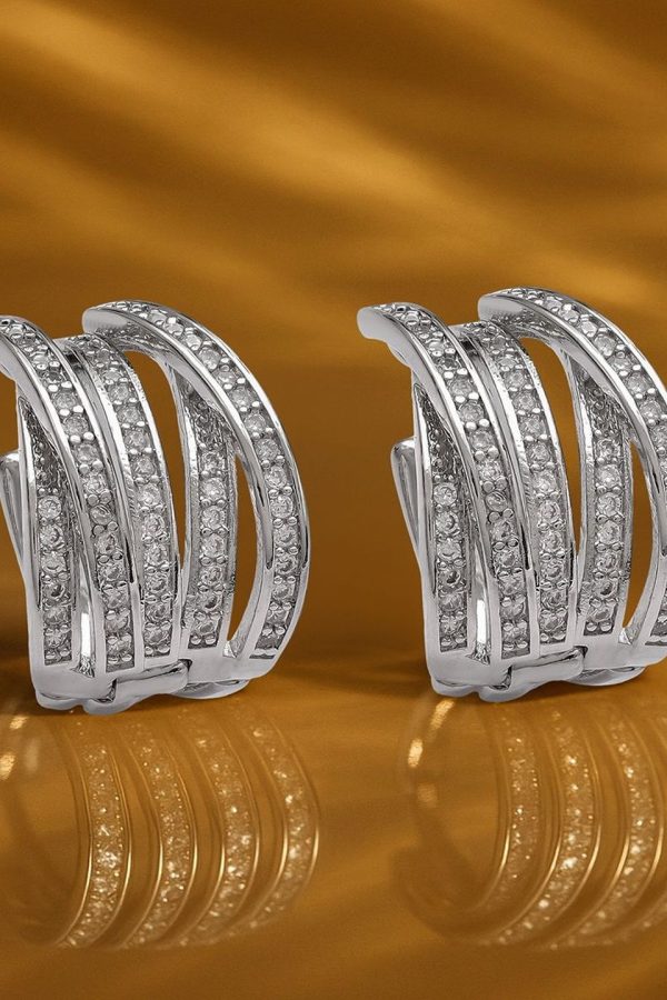 Rubans Rhodium-Plated Cubic Zirconia Studded Semi Circular Shaped Half Hoop Earrings