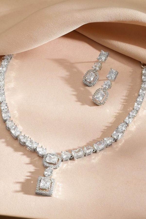 Rubans Rhodium-Plated Cubic Zirconia Studded Square-Cut Pendant Necklace Set