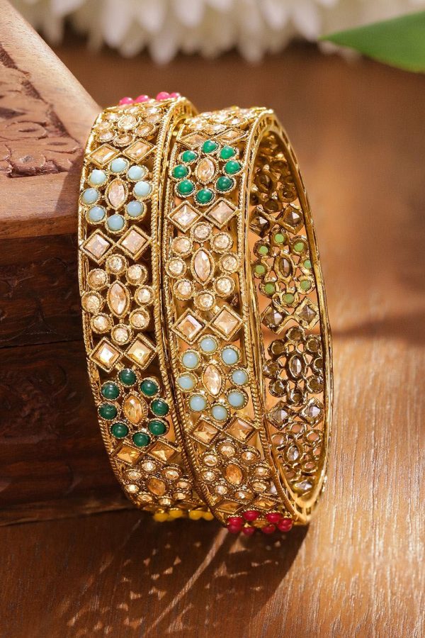 Rubans Set of 2 24K Gold-Plated Handcrafted Multicolour Kundan & Beaded Floral Bangles