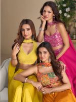 Pink Silk Embroidered Choli Palazzo Set With Dupatta - Image 3