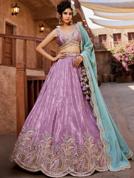 LAVENDER - Satin Silk Fabric Sequins Embroidery Semi-Stitched Lehenga Choli & Dupatta