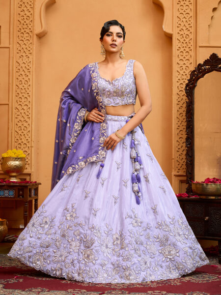 Lavender- Tissue Fabric Sequins embroidery Semi-Stitched Lehenga & Unstitched Blouse With Dupatta