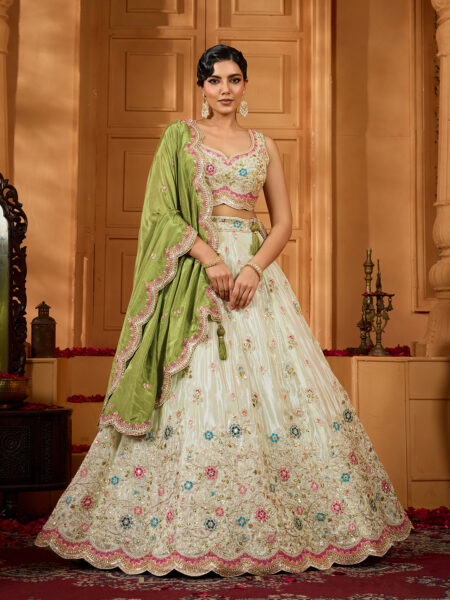 Limegreen- Tissue Fabric Sequins embroidery Semi-Stitched Lehenga & Unstitched Blouse With Dupatta