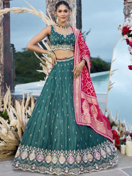Green- Cosmos Silk Fabric Beads & Sequince Embroidered Semi-Stitched Lehenga Unstitched Blouse & Dupatta