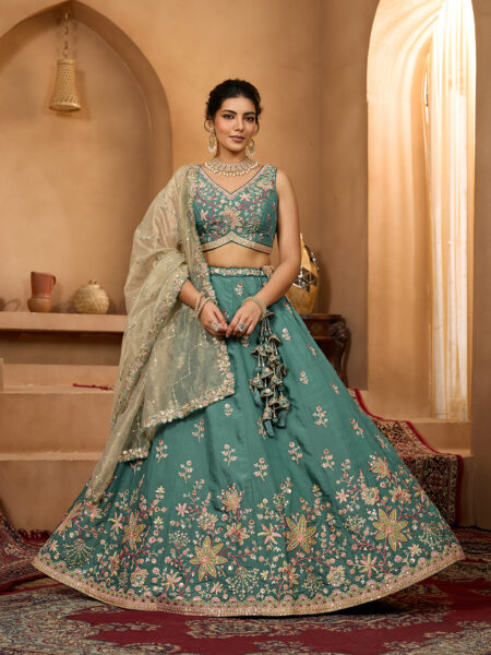 Green- Georgette Fabric Sequins embroidery Semi-Stitched Lehenga & Unstitched Blouse With Dupatta