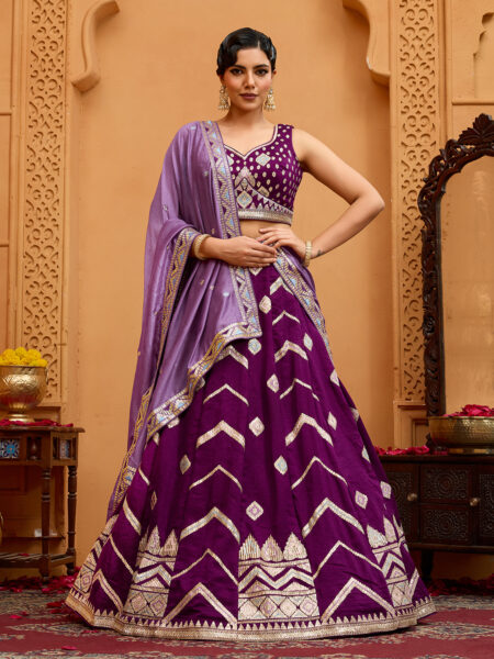 Burgundy- Silk Fabric Sequins embroidery Semi-Stitched Lehenga & Unstitched Blouse With Dupatta