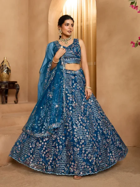 Nabyblue- Net Fabric Sequins embroidery Semi-Stitched Lehenga & Unstitched Blouse With Dupatta