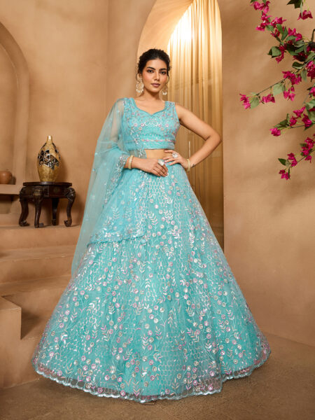 Seagreen- Net Fabric Sequins embroidery Semi-Stitched Lehenga & Unstitched Blouse With Dupatta