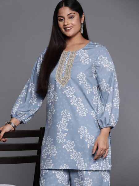 A PLUS BY AHALYAA Plus Size Floral Print Zari Ethnic Tunic with Palazzos