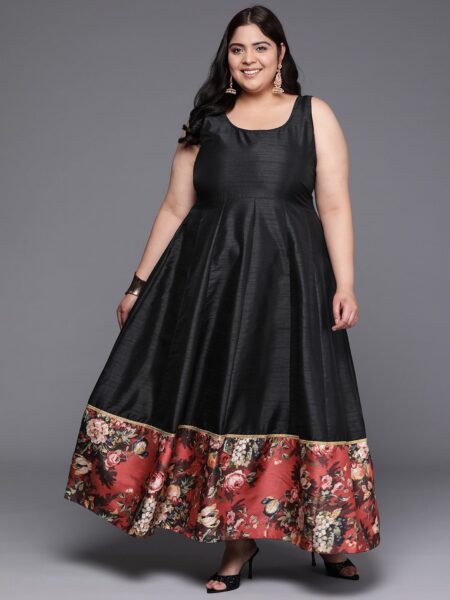 A PLUS BY AHALYAA Plus Size Floral Printed Fit & Flare Maxi Ethnic Dress