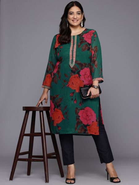 A PLUS BY AHALYAA Plus Size Floral Printed Georgette Kurta