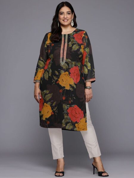 A PLUS BY AHALYAA Plus Size Floral Printed Round Neck Georgette Straight Kurta