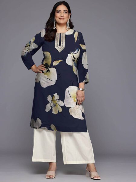 A PLUS BY AHALYAA Plus Size Floral Printed Sequinned Georgette Straight Kurta