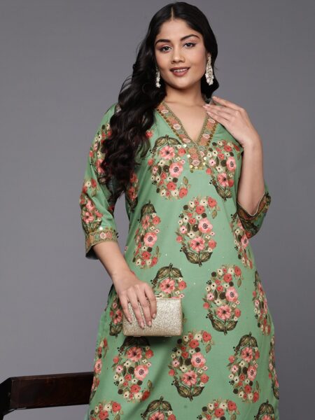 A PLUS BY AHALYAA Plus Size Floral Printed Sequinned Kurta with Palazzos