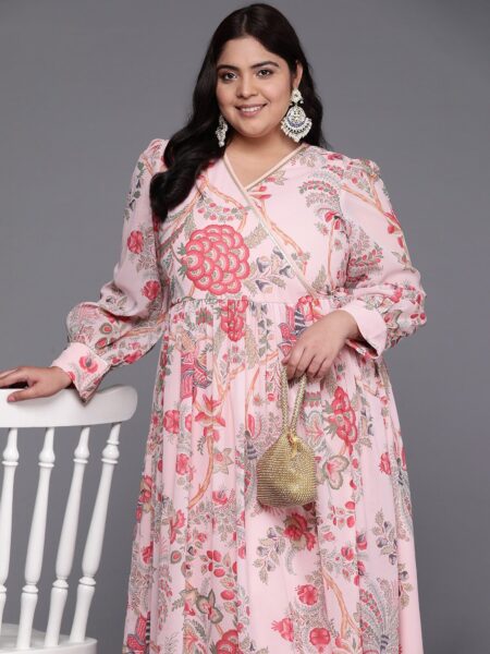 A PLUS BY AHALYAA Plus Size Floral Printed Wrap Maxi Ethnic Dress