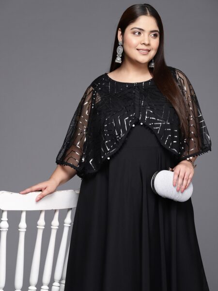 A PLUS BY AHALYAA Plus Size Geometric Print Crepe Layered A-line Maxi Ethnic Dress