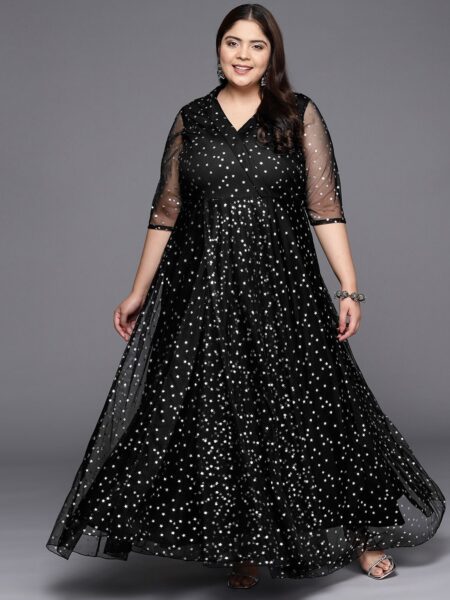 A PLUS BY AHALYAA Plus Size Printed Net V-neck Maxi Ethnic Dress