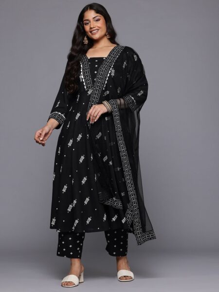 A PLUS BY AHALYAA Plus Size Printed Pleated Gotta Patti Kurta with Trousers & With Dupatta