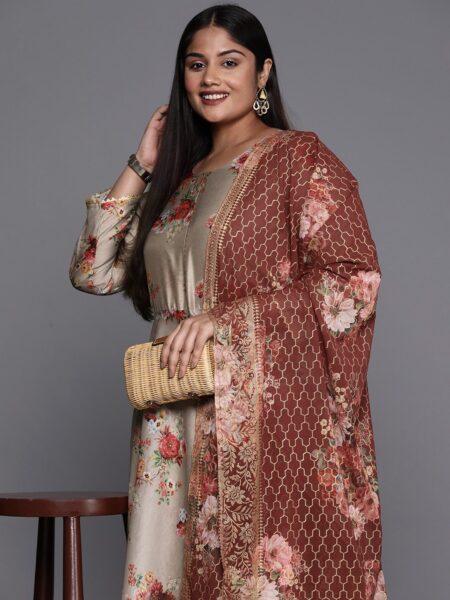 A PLUS BY AHALYAA Plus Size Round Neck Maxi Ethnic Dress With Dupatta