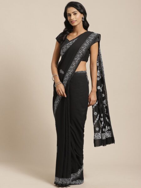 ADA Black & White Poly Georgette Chikankari Work Embroidered Sustainable Saree