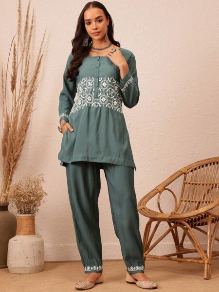 ADA Floral Embroidered Round Neck Chikankari Tunic with Trousers