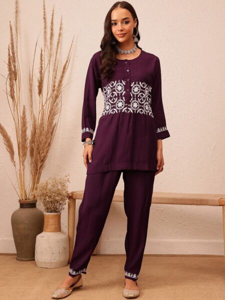 ADA Floral Embroidered Round Neck Chikankari Tunic with Trousers