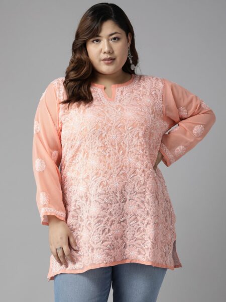 ADA Peach-Coloured & White Ethnic Motifs Embroidered Plus Size Chikankari Kurti