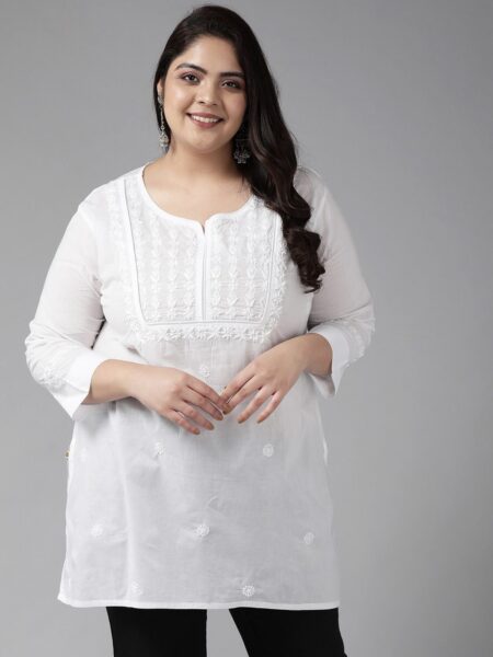 ADA Plus Size White Ethnic Motifs Embroidered Chikankari Handloom Chikankari Kurti
