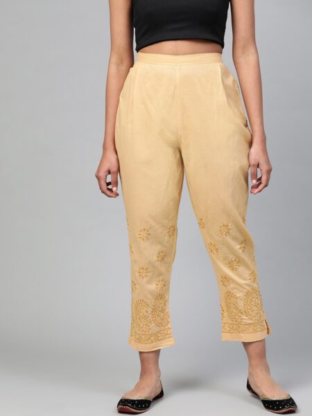 ADA Women Beige Chikankari Hand Embroidered Handloom Cropped Handloom Trousers