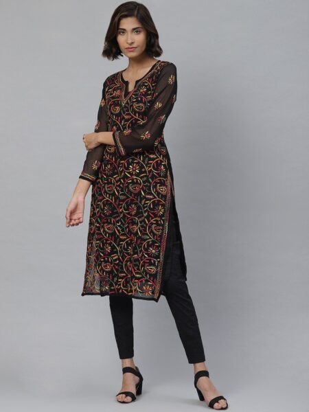 ADA Women Black & Mustard Yellow Chikankari Embroidered Sustainable Kurta with Trousers