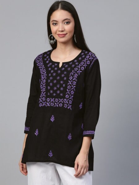 ADA Women Black & Purple Chikankari Embroidered Pure Cotton Straight Sustainable Kurti