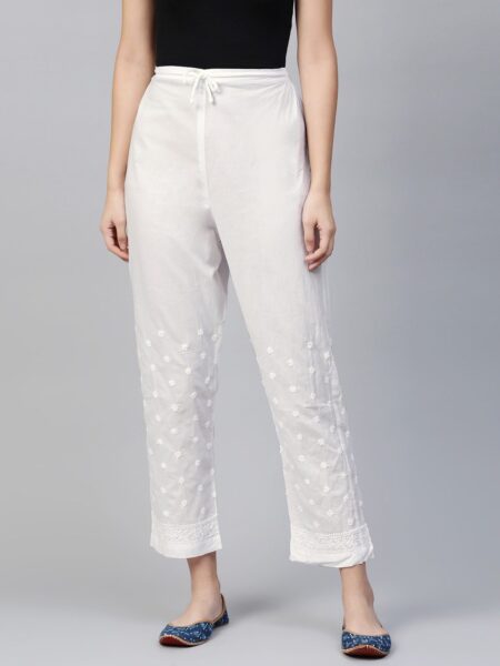 ADA Women White Chikankari Hand Embroidered Handloom Straight Fit Cropped Palazzos