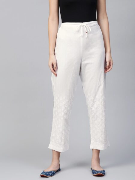 ADA Women White Chikankari Hand Embroidered Straight Cropped Sustainable Handloom Palazzos