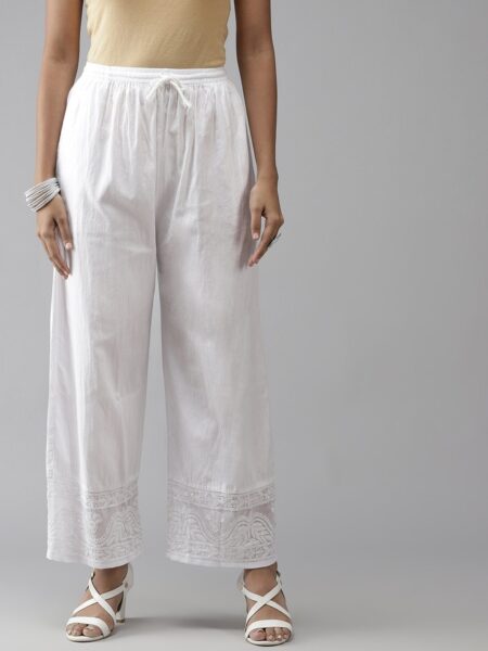 ADA Women White Ethnic Motifs Hem Design Handloom Palazzos