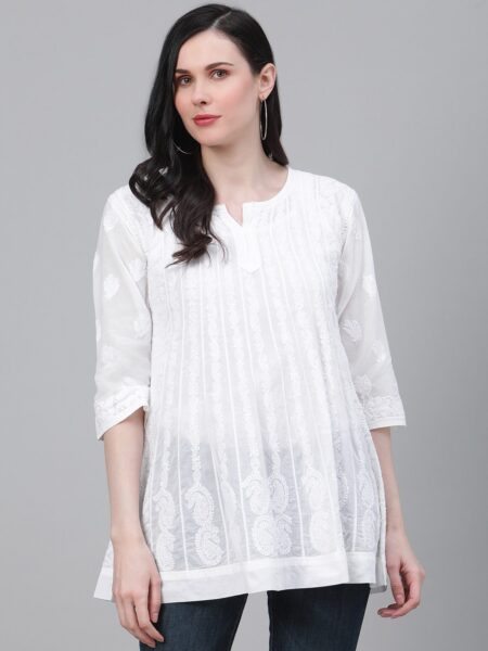 ADA Women White Pure Cotton Chikankari Embroidered Straight A-Line Sustainable Kurti