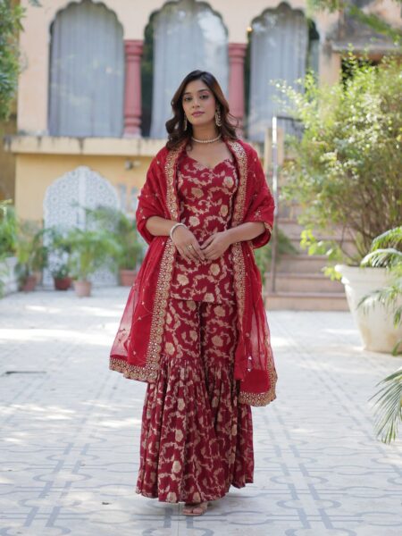 Maroon Zari Weaving Jacquard Wedding Wear Sharara Suit
