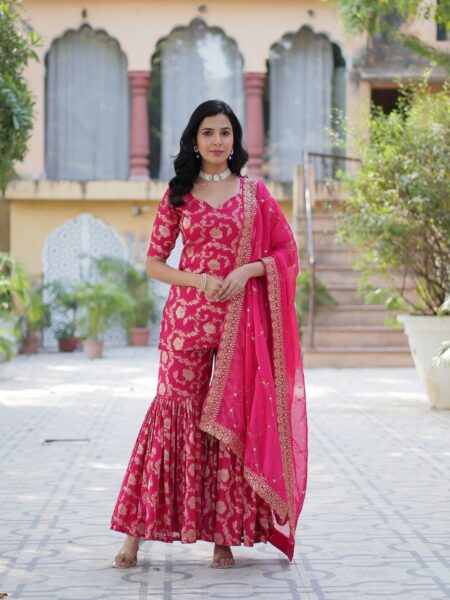 Rani Pink Zari Weaving Jacquard Sharara Suit With Dupatta