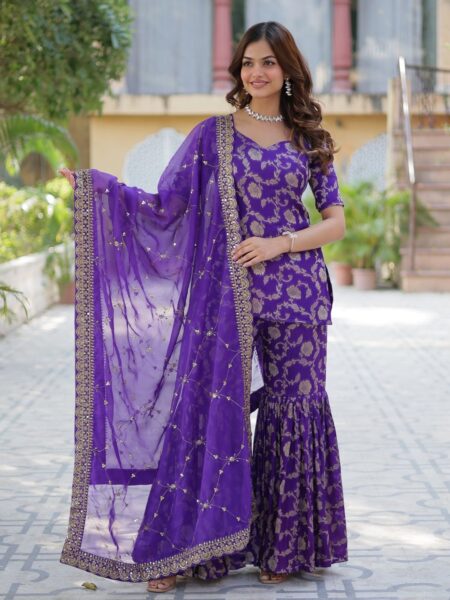 Purple Zari Weaving Jacquard Festival Wear Sharara Suit