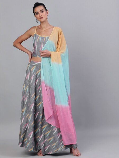 AKS Abstract Printed Ikat Ready to Wear Lehenga With Choli & Dupatta