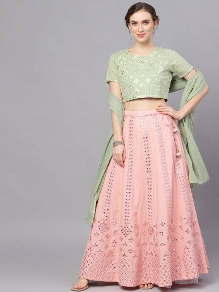 AKS Embroidered Mirror Work Ready to Wear Lehenga & Blouse With Dupatta