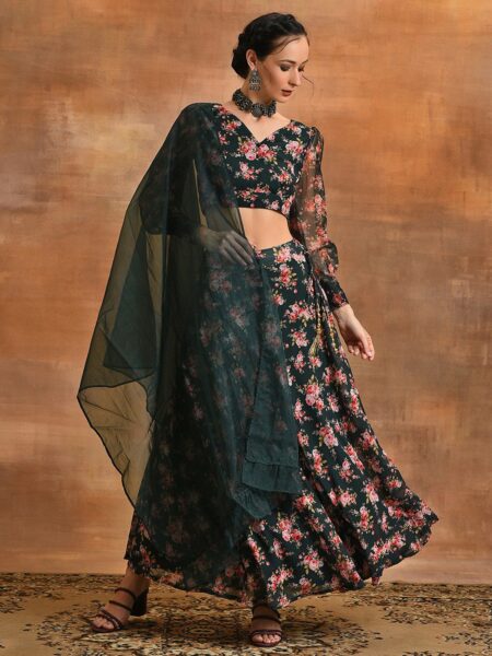 AKS Floral Printed V-Neck Ready to Wear Lehenga & Blouse With Dupatta