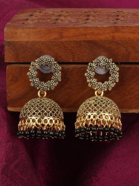 ANIKAS CREATION Gold-Plated & Black Dome Shaped Jhumkas