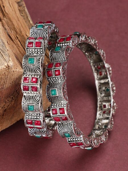 ANIKAS CREATION Set Of 2 Oxidized Silver-Plated Stones-Studded Bangles