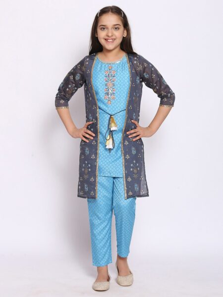 AURELIA Girls Black Floral Printed Kurta with Trousers