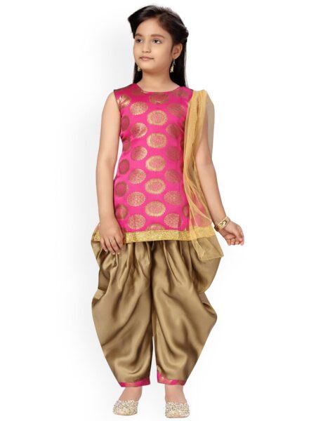Aarika Girls Pink Ethnic Motifs Pure Silk Kurta with Patiala With Dupatta